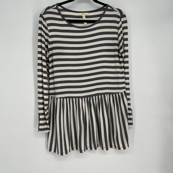 Matilda Jane Let's Connect Tee Gray Cream Striped Long Sleeve Peplum Top Size Sm - Picture 1 of 8